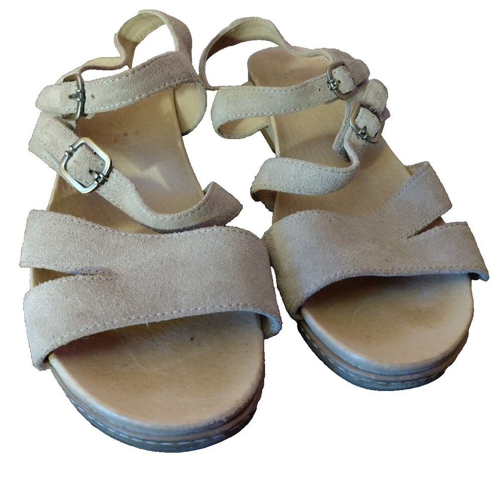 Dansko Women's Sz 9.5/40 Beige Shimmer Suede Wedge Sandals Comfort Buckle Straps